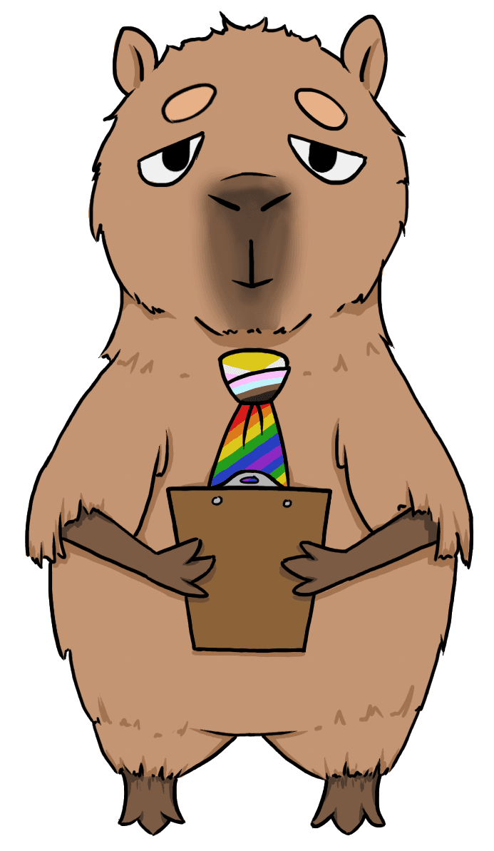 Carl the capybara holding his clipboard